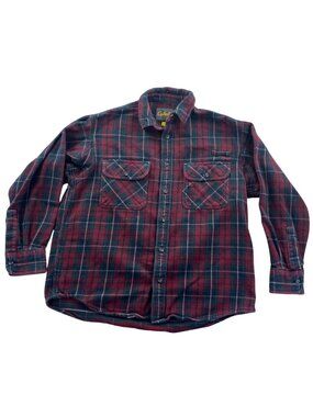 Cabela's Mens Shirt Large Red Blue Plaid Flannel Long Sleeve Button-Up Cotton